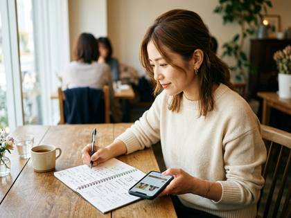 カフェでノートに書き込み、スマートフォンを操作する女性。