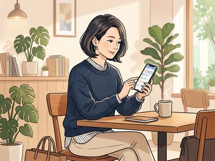 カフェでスマホを見る女性のイラスト。植物と本が並ぶ穏やかな空間。