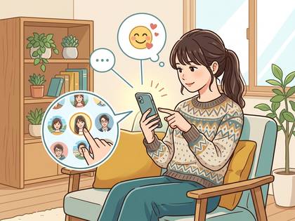 女性がスマホでオンライン交流を楽しむ様子。笑顔の絵文字と友人の選択。