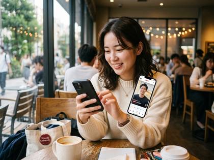 カフェで笑顔の女性が2台のスマホを操作。片方の画面には男性が映っている。