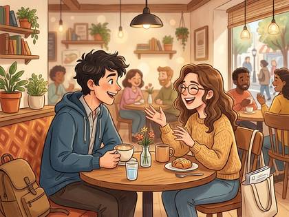 カフェでコーヒーを飲みながら笑顔で会話する男女。