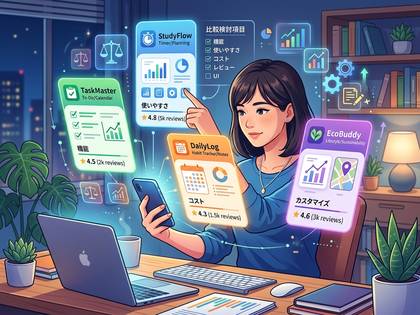 デスクでスマホとホログラムアプリを操作し、学習やタスク管理を効率化する女性。