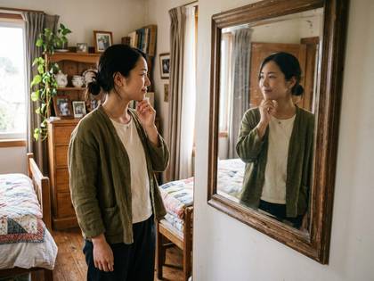 鏡を見つめ、物思いにふける若い女性。
