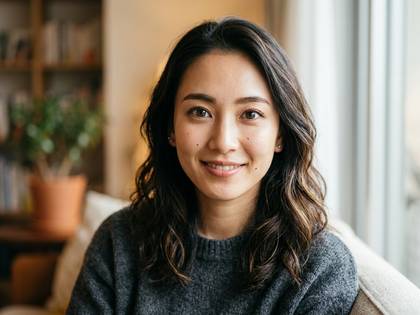 自宅で優しく微笑むアジア系の若い女性。