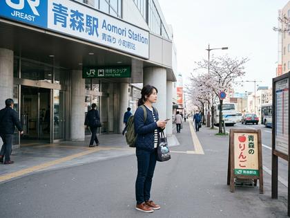 青森駅前で待ち合わせをするカジュアルな服装の女性