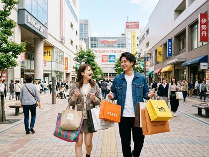 万代シティでショッピングを楽しむ20代カップル