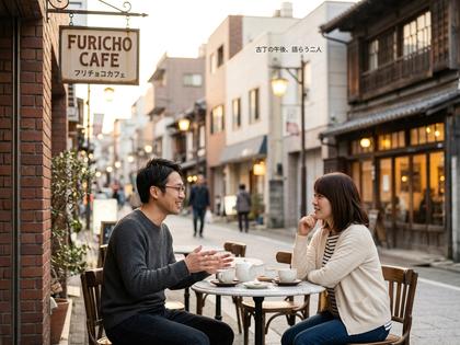 古町のおしゃれなカフェで会話している30代の男女