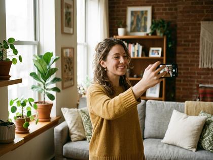 自然光の入る部屋でセルフィーを撮る女性