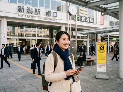 新潟駅南口の待ち合わせスポットで微笑む女性
