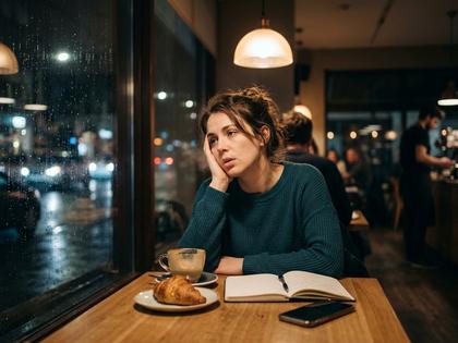 夜のカフェでため息をつく女性の写真