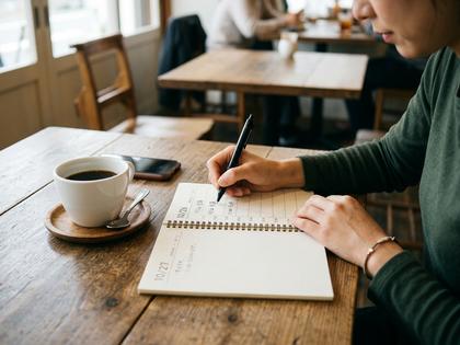 ノートとコーヒーを前にスケジュールを立てる女性の手元
