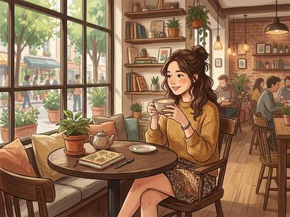 カフェの窓際で、笑顔の女性がカップを持ってくつろぐ。外には街並み。