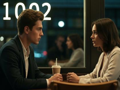 夜のカフェで真剣に話す若い男女