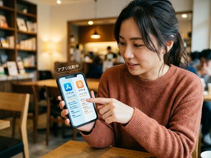 スマホでアプリを比較検討している女性のアップ画像