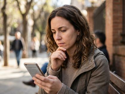 スマホを見ながら考え込む表情の女性