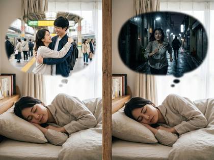 眠る女性の、幸せな夢と悪夢の対比。