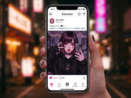 スマートフォンのSNSアプリ画面と地雷系の自撮り風画像