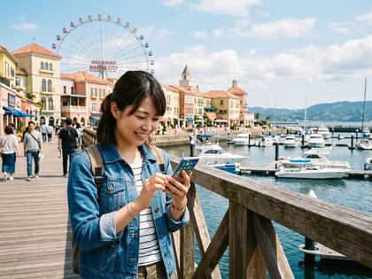 和歌山マリーナシティを背景にスマホを見る女性のイメージ
