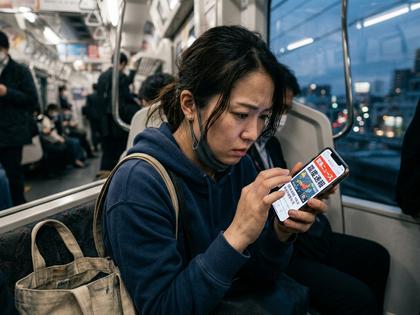 スマホでニュースを確認している不安そうな女性