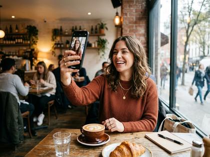スマホで自撮りをする女性とカフェのテーブル