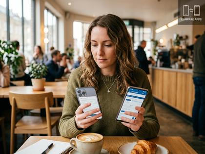 スマートフォンを片手にカフェでアプリを比較検討する女性