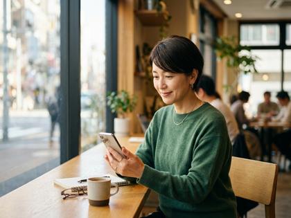 落ち着いた雰囲気の40代女性がスマートフォンを見ている様子
