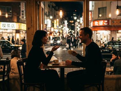 賑やかな夜の街を眺めながら、カフェで談笑する男女。