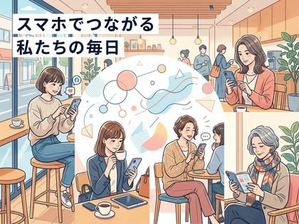 スマートフォンを操作する20代から50代までの女性たちのイラスト