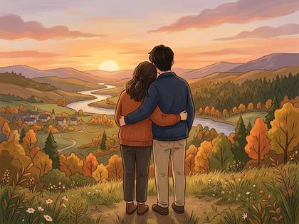 秋の夕暮れ、美しい景色を背に寄り添うカップルの後ろ姿。