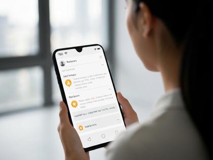 スマホの画面に表示された口コミレビューを読む女性