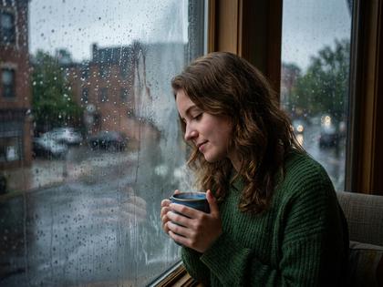 雨の日の窓辺で物思いにふける女性の横顔