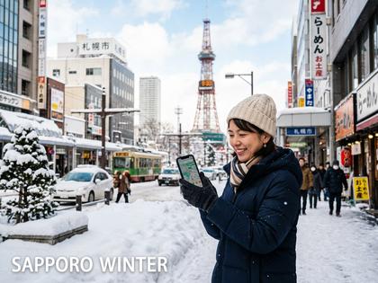雪景色の札幌の街並みとスマートフォンを持つ女性のイメージ