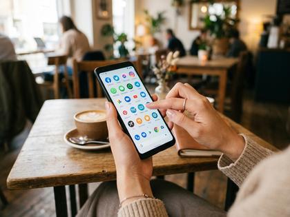 スマホでアプリを選んでいる女性の手元
