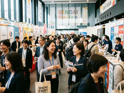 仙台のイベント会場で笑顔の参加者たち
