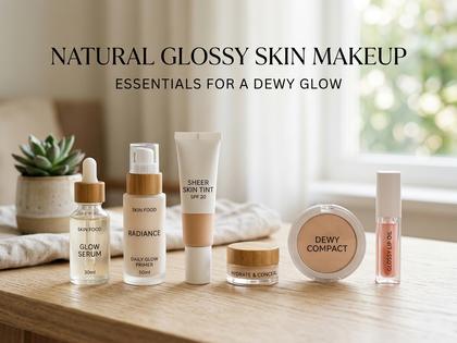 ナチュラルなツヤ肌メイクのコスメ一式が並んだ画像