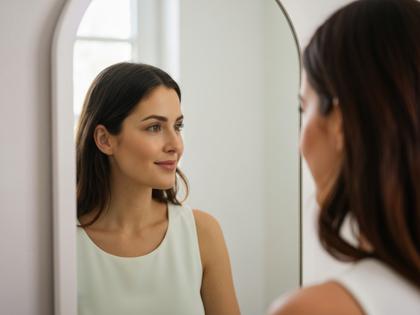 鏡を見て微笑む自信のある女性の横顔