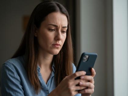スマホを見ながら考え込む表情の女性