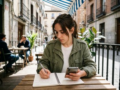 ノートにメモを取りながらスマホを見る女性