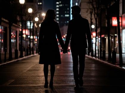 夜の街を歩きながら手を繋ぐカップルのシルエット