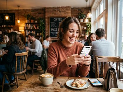 スマートフォンを見ながら微笑む女性とカフェの風景