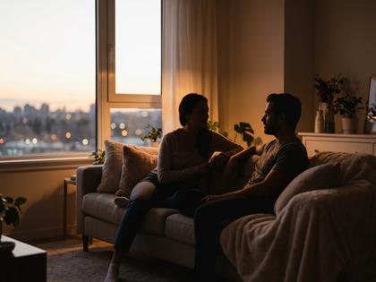 ソファで少し離れて座る男女のシルエット、夕暮れの柔らかい光