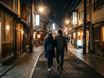 夜の日本の伝統的な街並みを歩くカップル。温かい明かりが灯る。