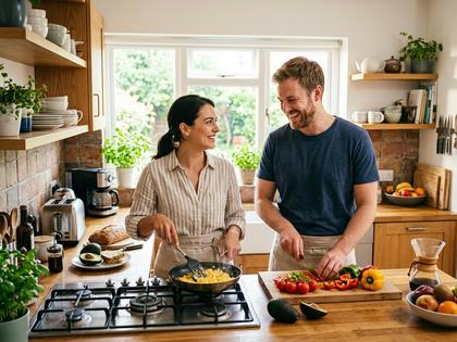 キッチンで一緒に料理をする夫婦、明るい朝の光