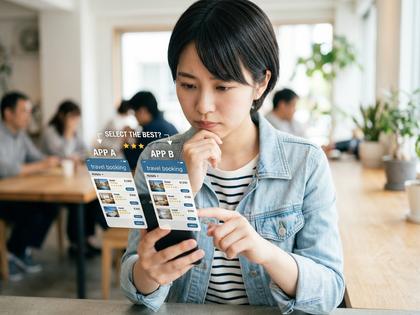 スマホでアプリを比較検討している若い女性