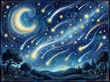 幻想的な夜空に輝く三日月と流れ星、丘と家々の美しい風景。