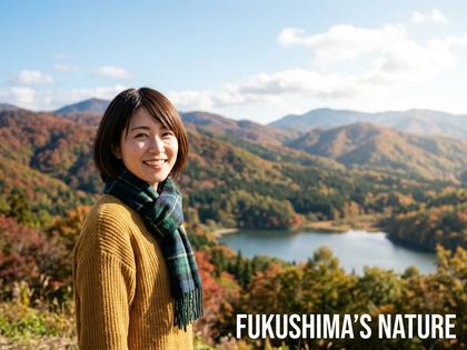 福島の自然を背景に笑顔の女性
