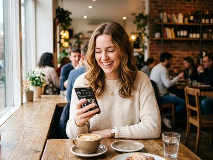 カフェでスマホを見ながら笑顔の20代女性