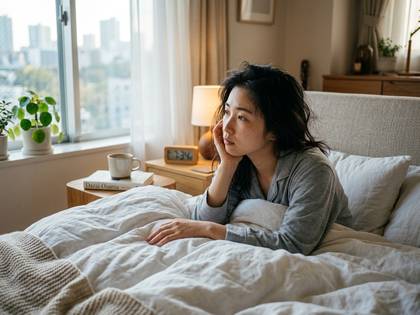 ベッドに横たわり、窓の外を物憂げに見つめる若いアジア人女性。