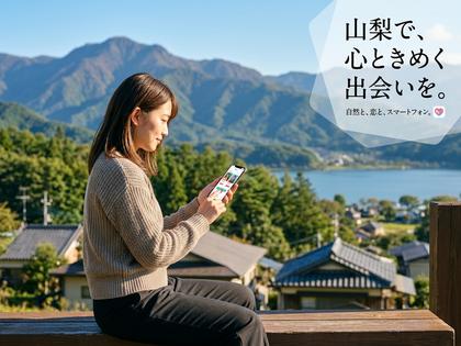 山梨県の自然を背景にスマホでマッチングアプリを使う女性のイメージ