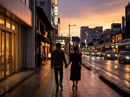 佐賀市の中心街を歩くカップルのシルエット